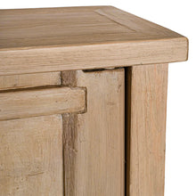 Load image into Gallery viewer, Bulu two door cabinet, entertainment unit or oversized bedside table, handcrafted from reclaimed timber with natural weathered texture and carved details, coastal organic furniture with timeless character.  Close up 4.