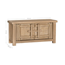 Load image into Gallery viewer, Bulu two door cabinet, entertainment unit or oversized bedside table, handcrafted from reclaimed timber with natural weathered texture and carved details, coastal organic furniture with timeless character.  With dimensions.