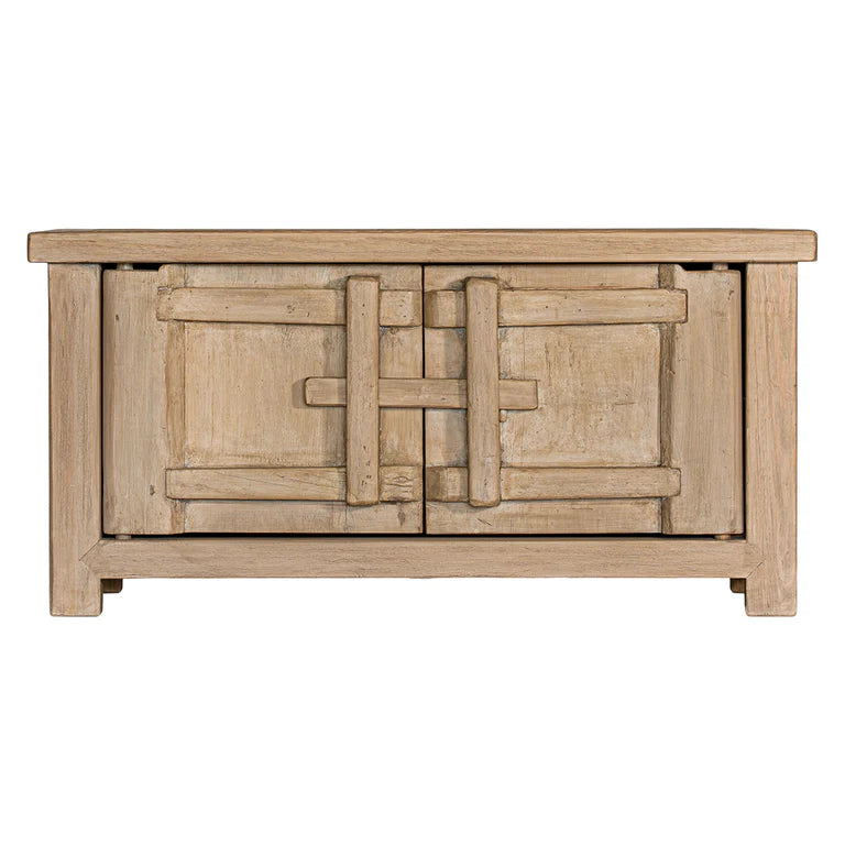 Bulu two door cabinet, entertainment unit or oversized bedside table, handcrafted from reclaimed timber with natural weathered texture and carved details, coastal organic furniture with timeless character.