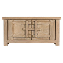 Load image into Gallery viewer, Bulu two door cabinet, entertainment unit or oversized bedside table, handcrafted from reclaimed timber with natural weathered texture and carved details, coastal organic furniture with timeless character.