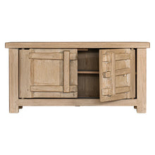 Load image into Gallery viewer, Bulu two door cabinet, entertainment unit or oversized bedside table, handcrafted from reclaimed timber with natural weathered texture and carved details, coastal organic furniture with timeless character.  Door open view.