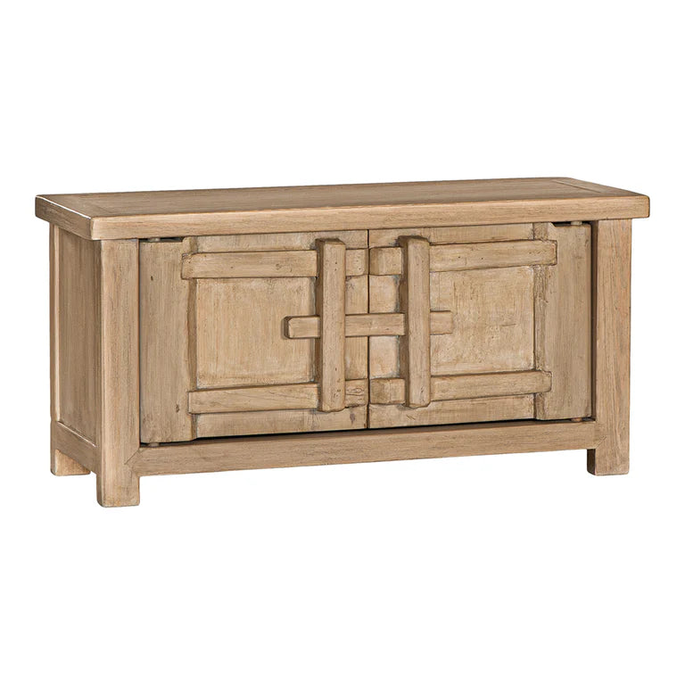 Bulu two door cabinet, entertainment unit or oversized bedside table, handcrafted from reclaimed timber with natural weathered texture and carved details, coastal organic furniture with timeless character.  Front view.