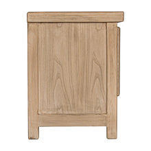 Load image into Gallery viewer, Bulu two door cabinet, entertainment unit or oversized bedside table, handcrafted from reclaimed timber with natural weathered texture and carved details, coastal organic furniture with timeless character.  Side view.