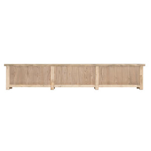 Bulu entertainment unit in reclaimed elm timber with antique hand-carved details and unique weathered markings. Back perspective.