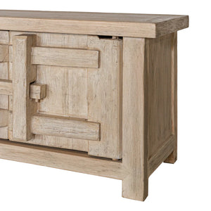 Bulu entertainment unit in reclaimed elm timber with antique hand-carved details and unique weathered markings. Front corner perspective.