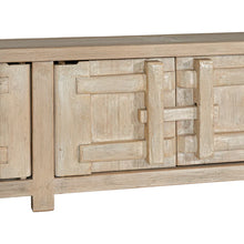Load image into Gallery viewer, Bulu entertainment unit in reclaimed elm timber with antique hand-carved details and unique weathered markings. Front door perspective.