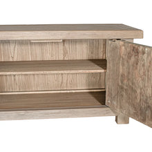 Load image into Gallery viewer, Bulu entertainment unit in reclaimed elm timber with antique hand-carved details and unique weathered markings.  Doors open perspective.