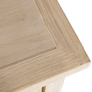 Bulu entertainment unit in reclaimed elm timber with antique hand-carved details and unique weathered markings. Top corner close up.