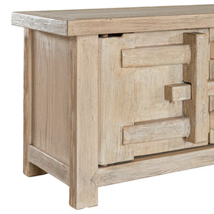 Bulu entertainment unit in reclaimed elm timber with antique hand-carved details and unique weathered markings. Corner end perspective.