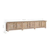 Load image into Gallery viewer, Bulu entertainment unit in reclaimed elm timber with antique hand-carved details and unique weathered markings. Showign dimensions.