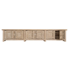 Load image into Gallery viewer, Bulu entertainment unit in reclaimed elm timber with antique hand-carved details and unique weathered markings. Front perspective with open door.