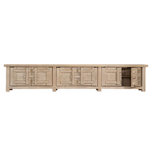Bulu entertainment unit in reclaimed elm timber with antique hand-carved details and unique weathered markings. Front perspective with open door.