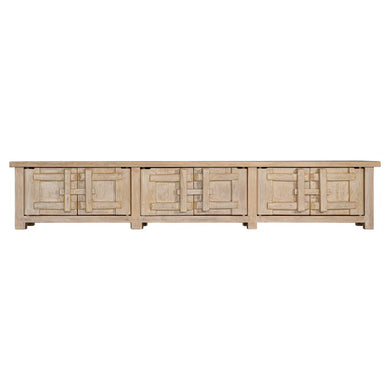 Bulu entertainment unit in reclaimed elm timber with antique hand-carved details and unique weathered markings. Front perspective.