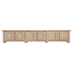 Bulu entertainment unit in reclaimed elm timber with antique hand-carved details and unique weathered markings. Front perspective.