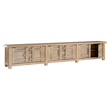 Load image into Gallery viewer, Bulu entertainment unit in reclaimed elm timber with antique hand-carved details and unique weathered markings. Front angle perspective with open door.