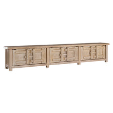 Load image into Gallery viewer, Bulu entertainment unit in reclaimed elm timber with antique hand-carved details and unique weathered markings. Front angle perspective 1.