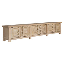 Load image into Gallery viewer, Bulu entertainment unit in reclaimed elm timber with antique hand-carved details and unique weathered markings. Front angle perspective.