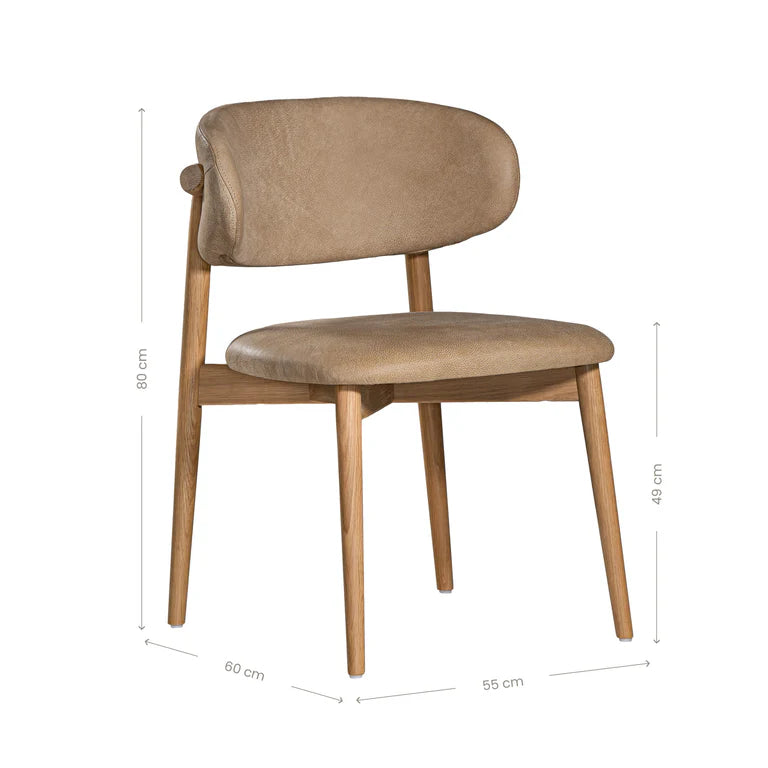 Capri Dining Chair in Enoki by Uniqwa – luxury modern style with buffalo leather upholstery and white oak frame, ideal for refined residential or commercial interiors. Side view with dimensions