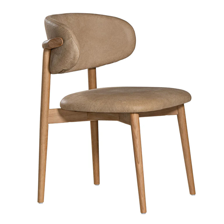 Capri Dining Chair in Enoki by Uniqwa – luxury modern style with buffalo leather upholstery and white oak frame, ideal for refined residential or commercial interiors. Side view