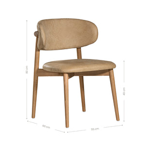 Capri Dining Chair in Savannah Nut by Uniqwa – luxury modern style with buffalo leather upholstery and white oak frame, ideal for refined residential or commercial interiors. Showing dimensions