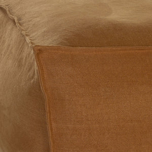 Hendrix Bedhead in clay with feather cushioning and removable linen slipcover, timber frame upholstered bedhead for modern coastal bedroom style.