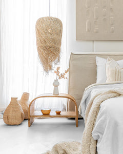 Hendrix Bedhead with feather cushioning and removable linen slipcover, timber frame upholstered bedhead for modern coastal bedroom style.  Modern coastal bedroom suite.