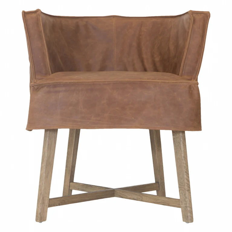 Guatemala Dining Chair – casual-luxe style chair with weathered oak legs and removable leather slipcover, handcrafted for relaxed sophistication and easy maintenance - front perspective