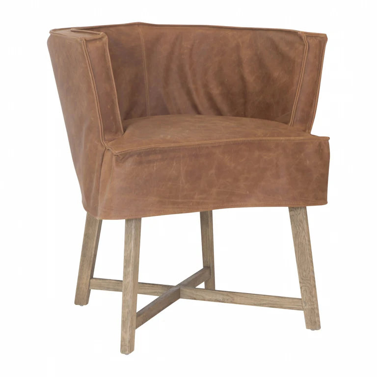 Guatemala Dining Chair – casual-luxe style chair with weathered oak legs and removable leather slipcover, handcrafted for relaxed sophistication and easy maintenance