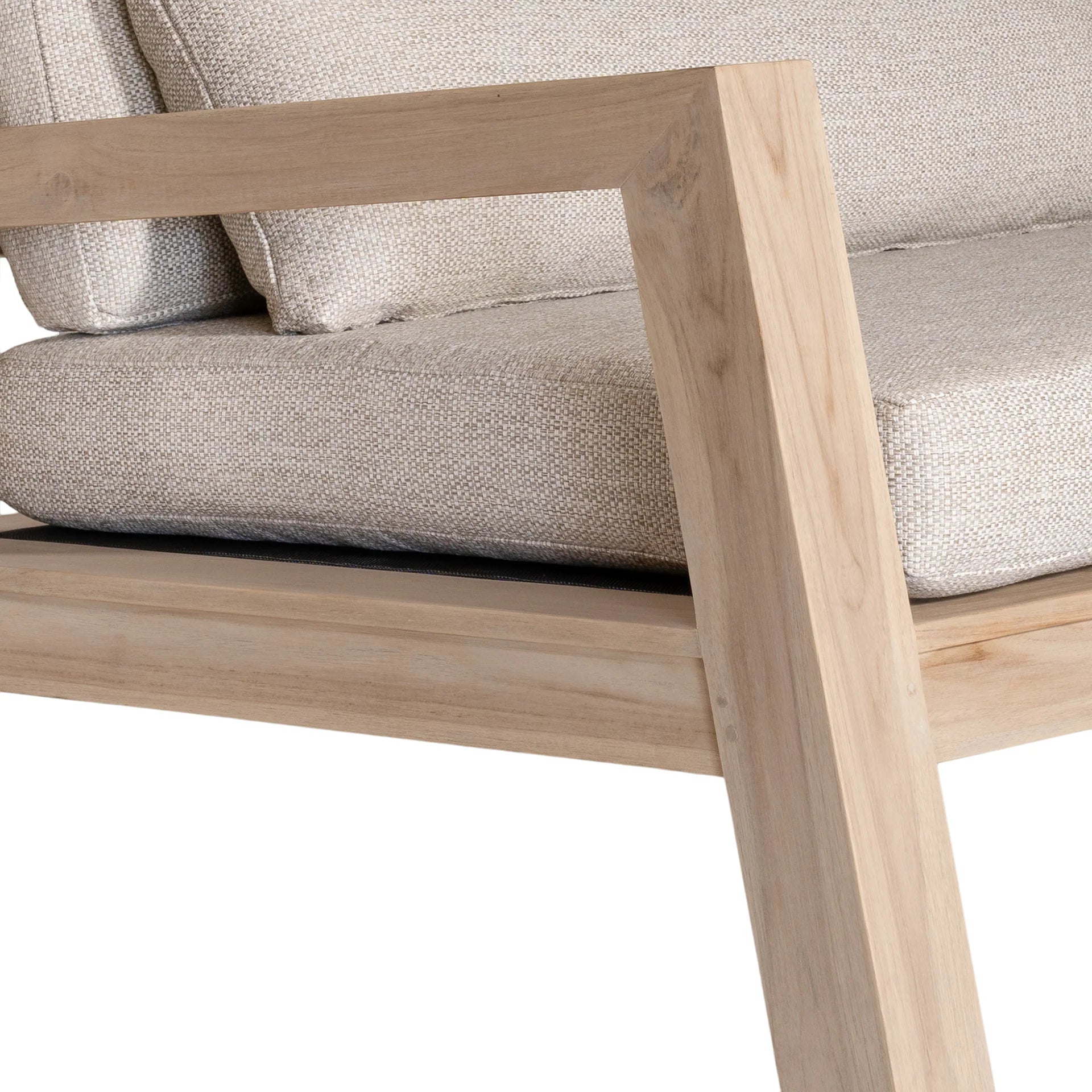 Harper Three Seater Outdoor Sofa by Uniqwa Collections, featuring clean-lined design in reclaimed aged teak with UV-protected, water and mould-resistant cushions—modern and durable outdoor seating. Seat arm close up.