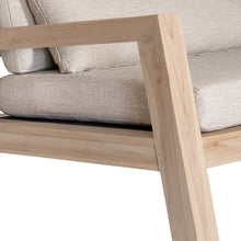 Load image into Gallery viewer, Harper Three Seater Outdoor Sofa by Uniqwa Collections, featuring clean-lined design in reclaimed aged teak with UV-protected, water and mould-resistant cushions—modern and durable outdoor seating. Seat arm close up.