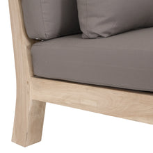 Load image into Gallery viewer, Harper Three Seater Outdoor Sofa by Uniqwa Collections, featuring clean-lined design in reclaimed aged teak with UV-protected, water and mould-resistant cushions—modern and durable outdoor seating. Close up.