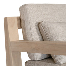 Load image into Gallery viewer, Harper Three Seater Outdoor Sofa by Uniqwa Collections, featuring clean-lined design in reclaimed aged teak with UV-protected, water and mould-resistant cushions—modern and durable outdoor seating. Close up.