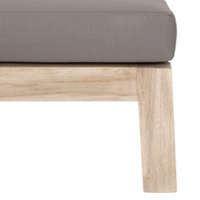 Load image into Gallery viewer, Harper Three Seater Outdoor Sofa by Uniqwa Collections, featuring clean-lined design in reclaimed aged teak with UV-protected, water and mould-resistant cushions—modern and durable outdoor seating. Front angle perspective. Base close up view.