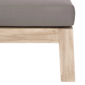 Harper Three Seater Outdoor Sofa by Uniqwa Collections, featuring clean-lined design in reclaimed aged teak with UV-protected, water and mould-resistant cushions—modern and durable outdoor seating. Front angle perspective. Base close up view.