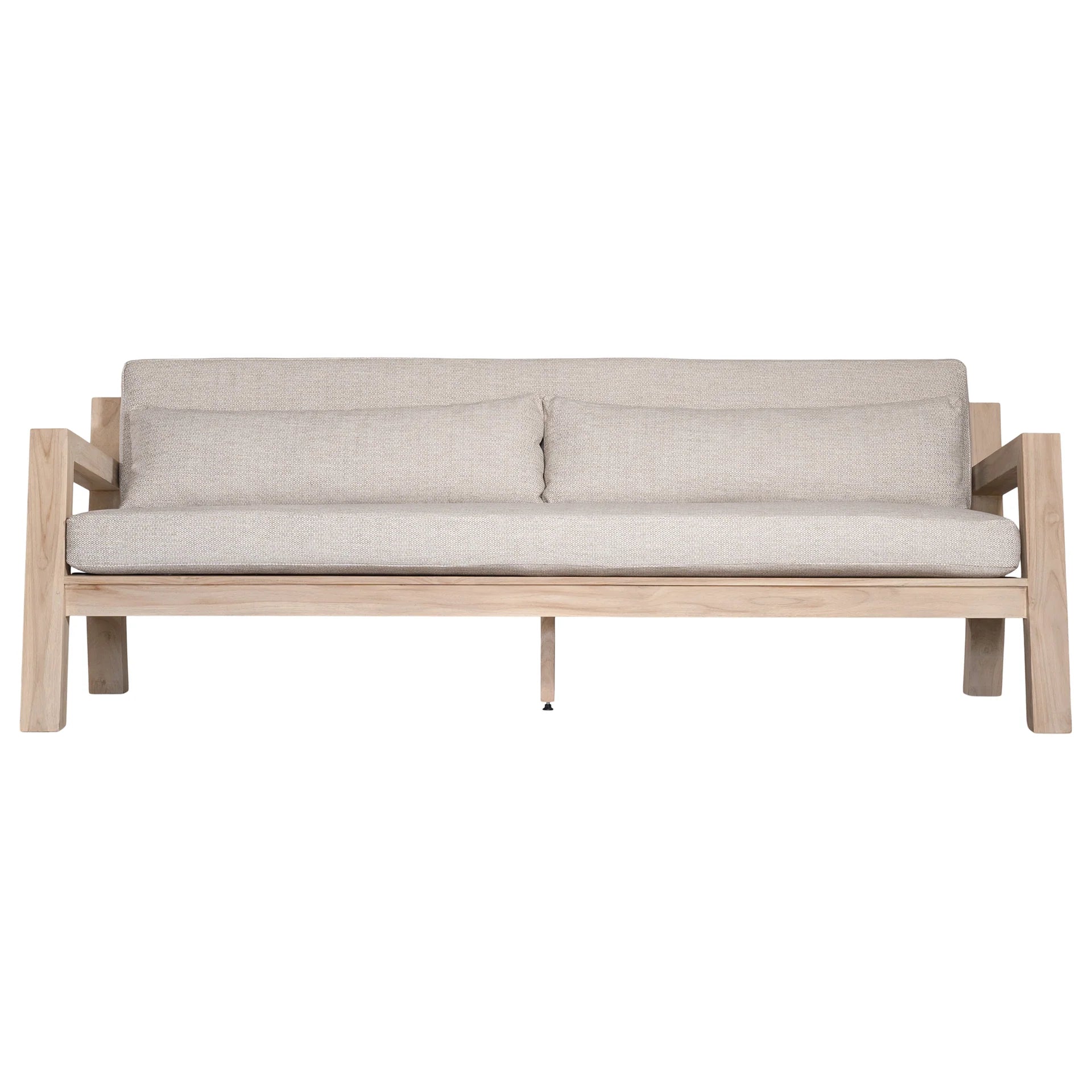 Harper Three Seater Outdoor Sofa by Uniqwa Collections, featuring clean-lined design in reclaimed aged teak with UV-protected, water and mould-resistant cushions—modern and durable outdoor seating. Front perspective.