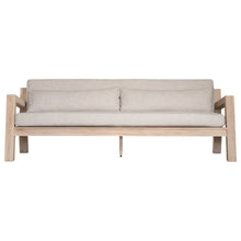 Load image into Gallery viewer, Harper Three Seater Outdoor Sofa by Uniqwa Collections, featuring clean-lined design in reclaimed aged teak with UV-protected, water and mould-resistant cushions—modern and durable outdoor seating. Front perspective.