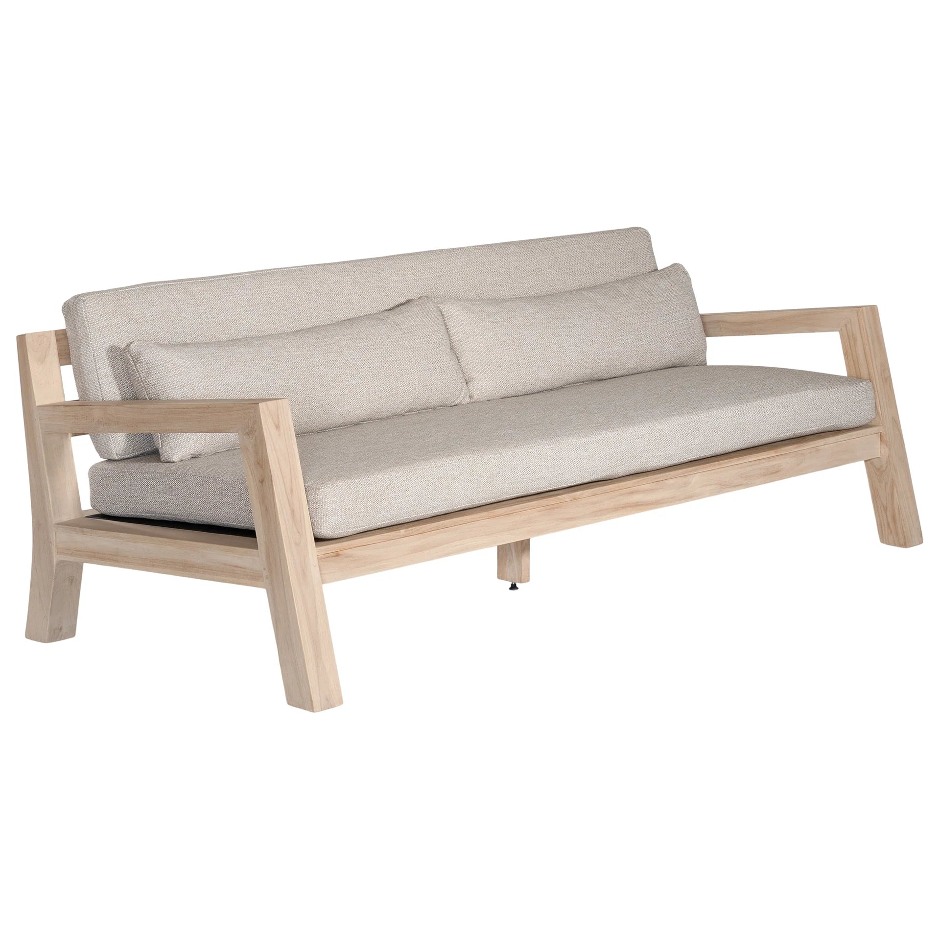Harper Three Seater Outdoor Sofa by Uniqwa Collections, featuring clean-lined design in reclaimed aged teak with UV-protected, water and mould-resistant cushions—modern and durable outdoor seating. Front angle perspective.