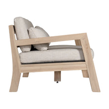Load image into Gallery viewer, Harper Three Seater Outdoor Sofa by Uniqwa Collections, featuring clean-lined design in reclaimed aged teak with UV-protected, water and mould-resistant cushions—modern and durable outdoor seating. Side view.