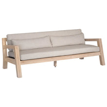 Load image into Gallery viewer, Harper Three Seater Outdoor Sofa by Uniqwa Collections, featuring clean-lined design in reclaimed aged teak with UV-protected, water and mould-resistant cushions—modern and durable outdoor seating. Front angle perspective.