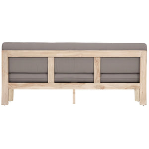 Harper Three Seater Outdoor Sofa by Uniqwa Collections, featuring clean-lined design in reclaimed aged teak with UV-protected, water and mould-resistant cushions—modern and durable outdoor seating. Back perspective.