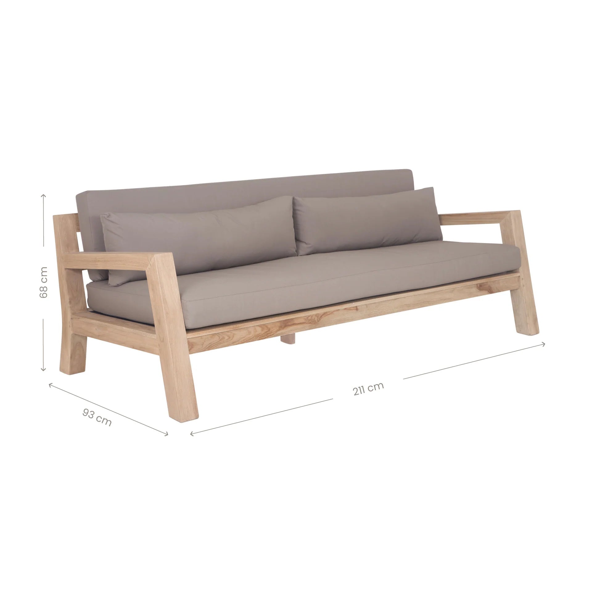 Harper Three Seater Outdoor Sofa by Uniqwa Collections, featuring clean-lined design in reclaimed aged teak with UV-protected, water and mould-resistant cushions—modern and durable outdoor seating. Product dimensions.
