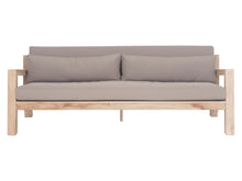 Load image into Gallery viewer, Harper Three Seater Outdoor Sofa by Uniqwa Collections, featuring clean-lined design in reclaimed aged teak with UV-protected, water and mould-resistant cushions—modern and durable outdoor seating. Front perspective.