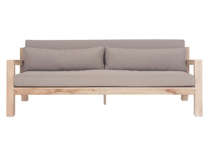 Harper Three Seater Outdoor Sofa by Uniqwa Collections, featuring clean-lined design in reclaimed aged teak with UV-protected, water and mould-resistant cushions—modern and durable outdoor seating. Front perspective.