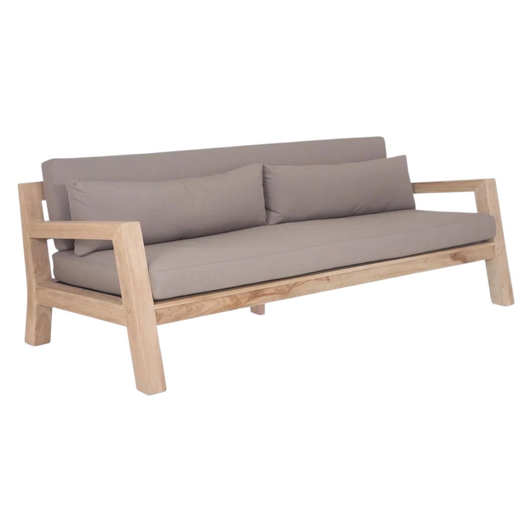 Harper Three Seater Outdoor Sofa by Uniqwa Collections, featuring clean-lined design in reclaimed aged teak with UV-protected, water and mould-resistant cushions—modern and durable outdoor seating.