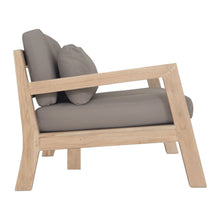 Load image into Gallery viewer, Harper Three Seater Outdoor Sofa by Uniqwa Collections, featuring clean-lined design in reclaimed aged teak with UV-protected, water and mould-resistant cushions—modern and durable outdoor seating. Side perspective.
