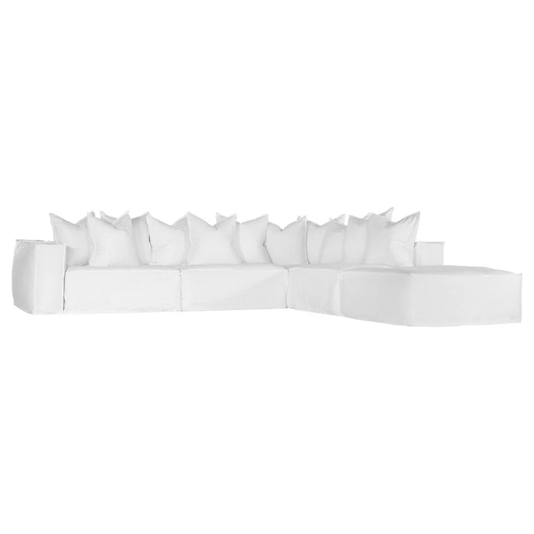 Uniqwa Hendrix modular sofa with ottoman, with feather cushioning and removable slipcover, timber frame modern coastal sofa with scatter cushions, available in multiple colours.