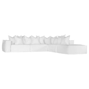 Uniqwa Hendrix modular sofa with ottoman, with feather cushioning and removable slipcover, timber frame modern coastal sofa with scatter cushions, available in multiple colours.