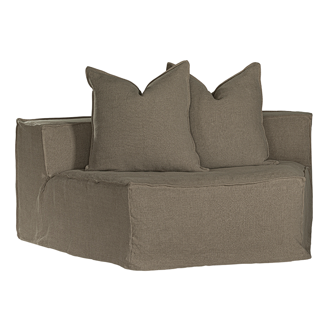 Hendrix Modular Sofa Curve Module by Uniqwa Collections in Bark, with two scatter cushions