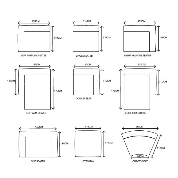 Uniqwa Hendrix modular Sofa with feather cushioning and removable slipcover, timber frame modern coastal sofa with scatter cushions, available in multiple colours. Modular sections with dimensions.