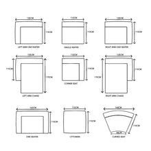 Load image into Gallery viewer, Hendrix modular Sofa suite, with feather cushioning and removable slipcover, timber frame modern coastal sofa with scatter cushions, available in multiple colours.  Sections with dimensions.